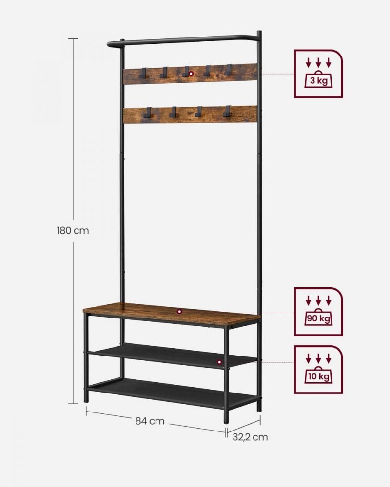 Perchero recibidor industrial con banco zapatero, 32.2x84x180 cm - Imagen 7