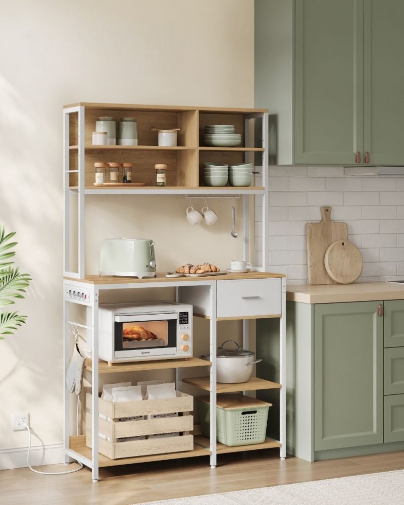 Aparador cocina con enchufes y estantes ajustables, roble y blanco - Imagen 2