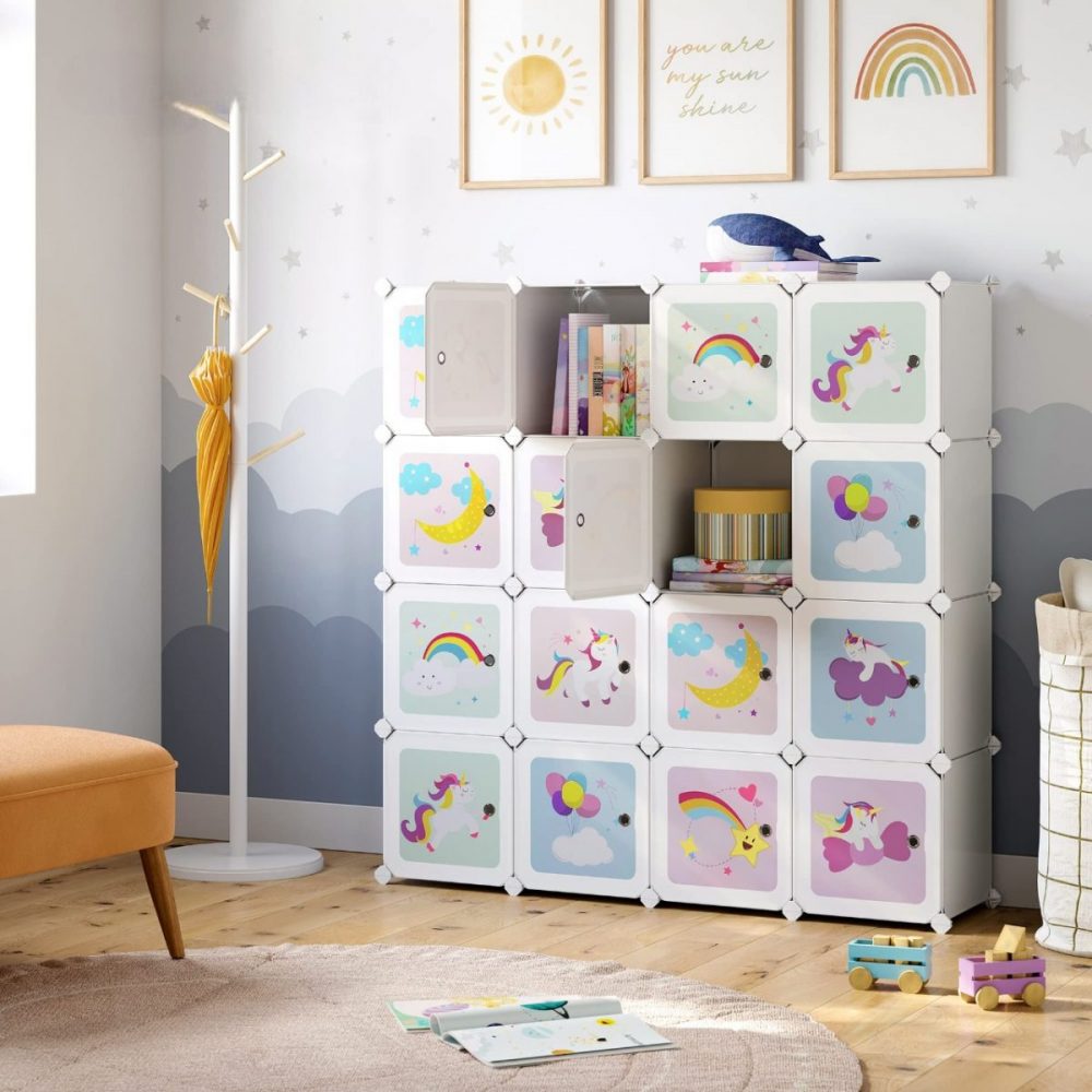 Armario modular infantil con 16 cubos y puertas, blanco - Imagen 3