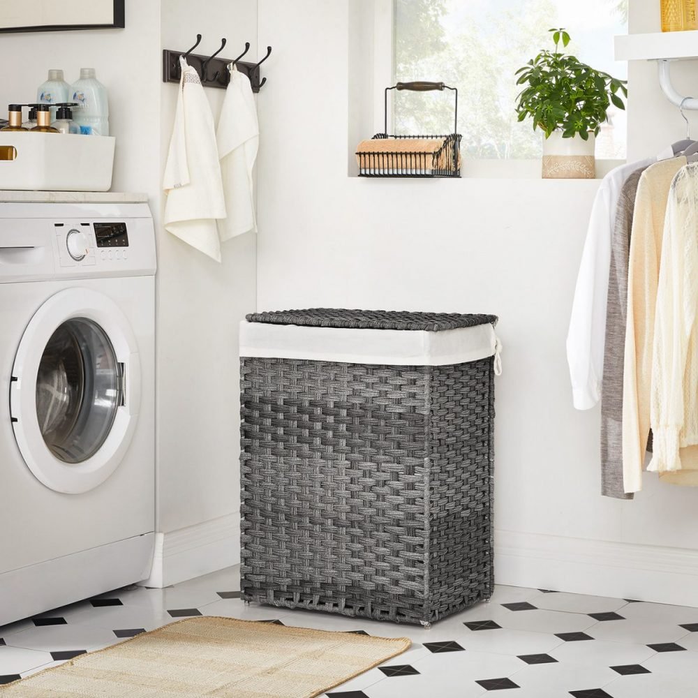 Cesto de ropa sucia tejido a mano 90l, ratán sintético, gris - Imagen 3