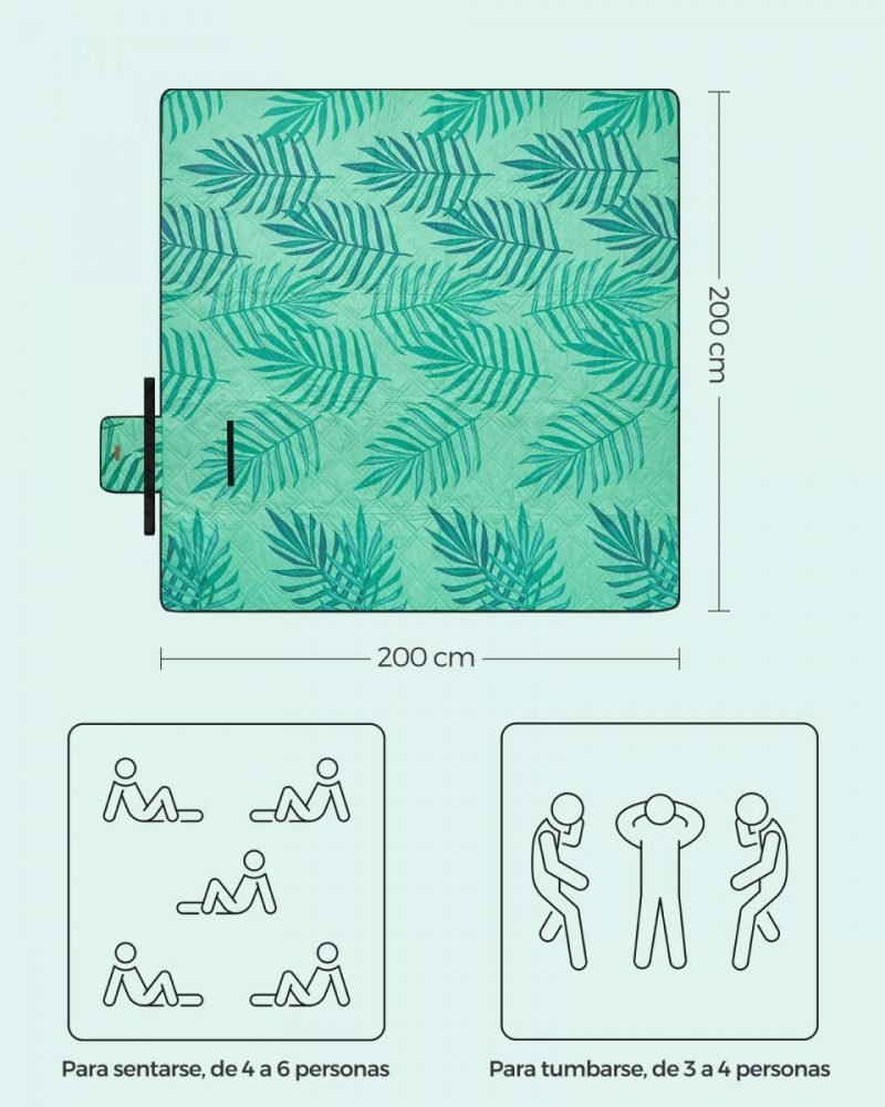 Manta picnic impermeable 200x200 cm, lavable, diseño helechos y verde - Imagen 8