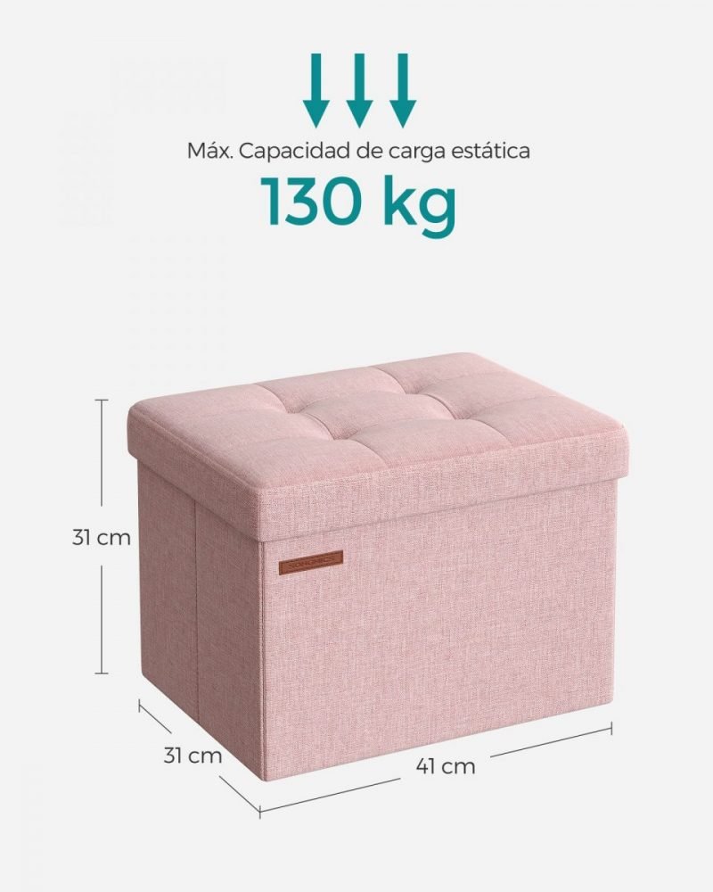 Taburete almacenaje con tapa, lino, rosa - Imagen 6