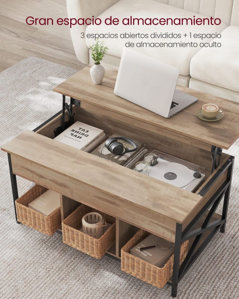 Mesa centro con tablero elevable, almacenamiento, marrón roble - Imagen 3