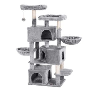Casa para gatos de 164 cm, 3 cuevas, 2 hamacas, árbol rascador, gris claro
