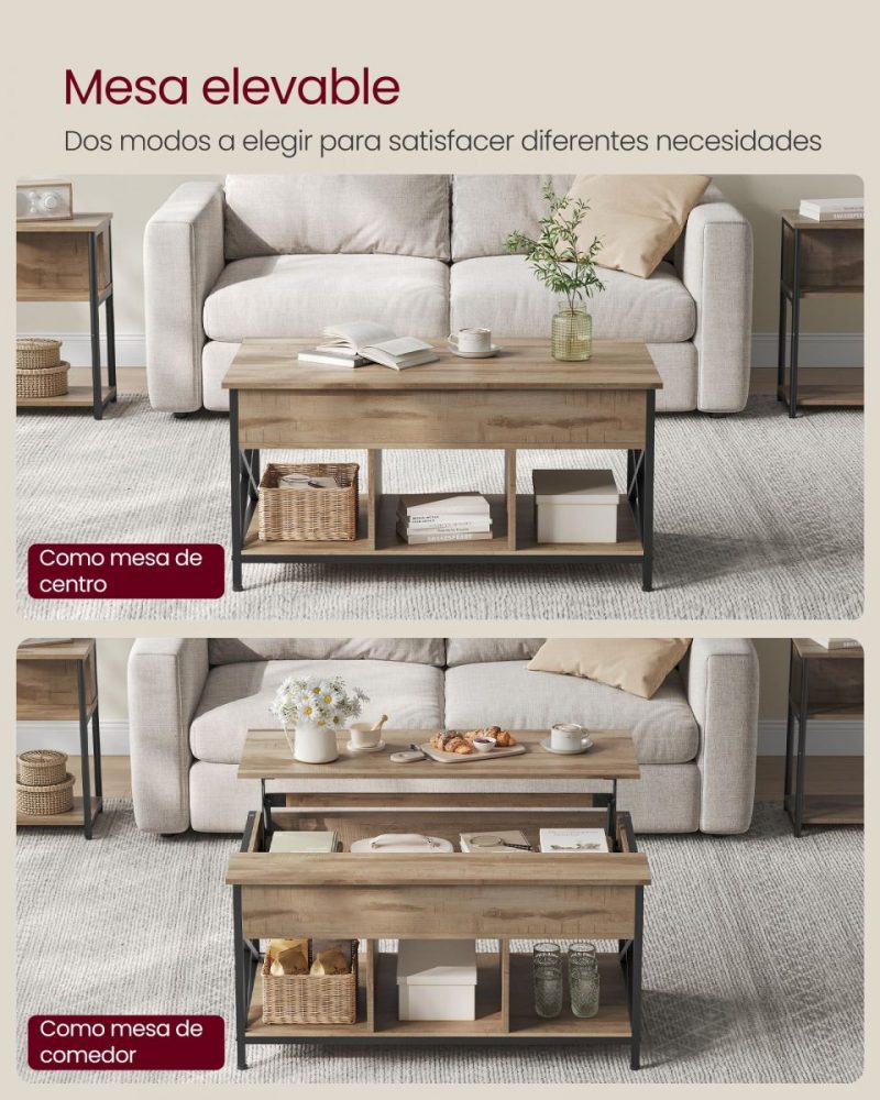 Mesa centro con tablero elevable, almacenamiento, marrón roble - Imagen 5