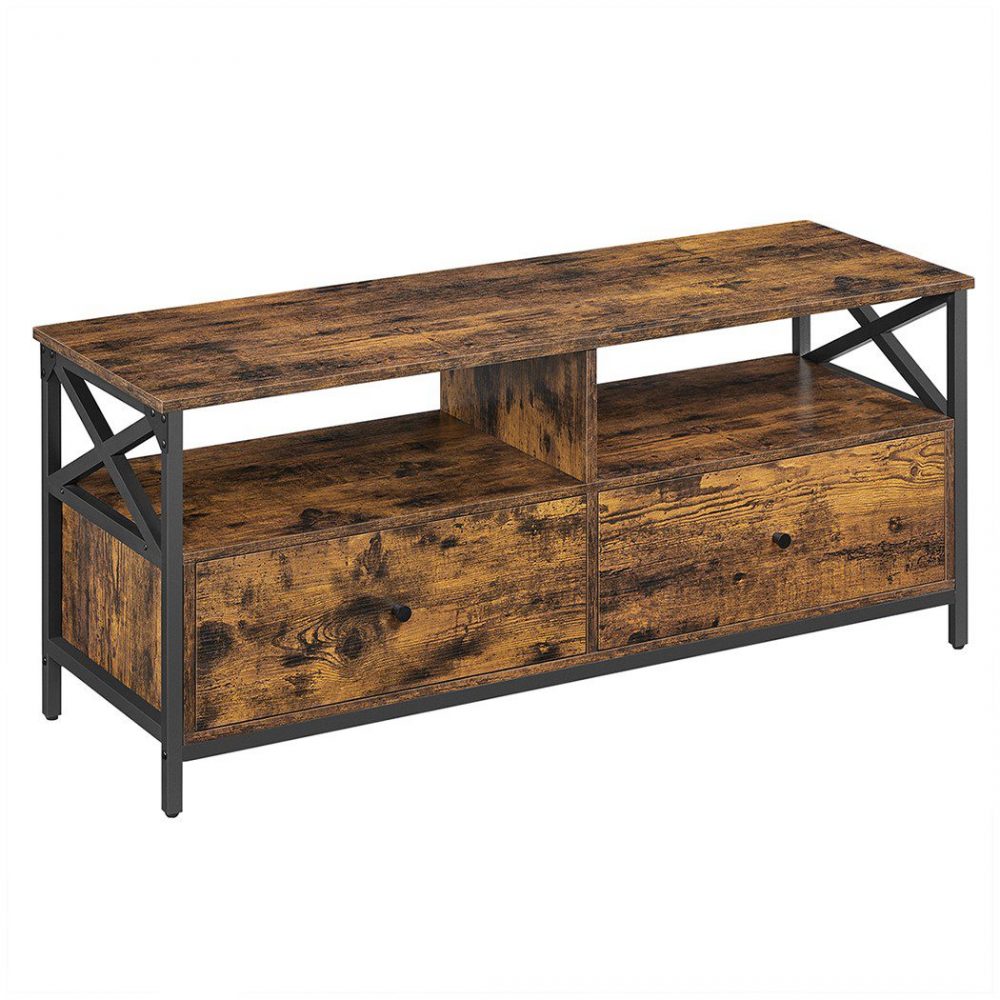 Mueble tv con 2 cajones, estantes abiertos, marrón rústico