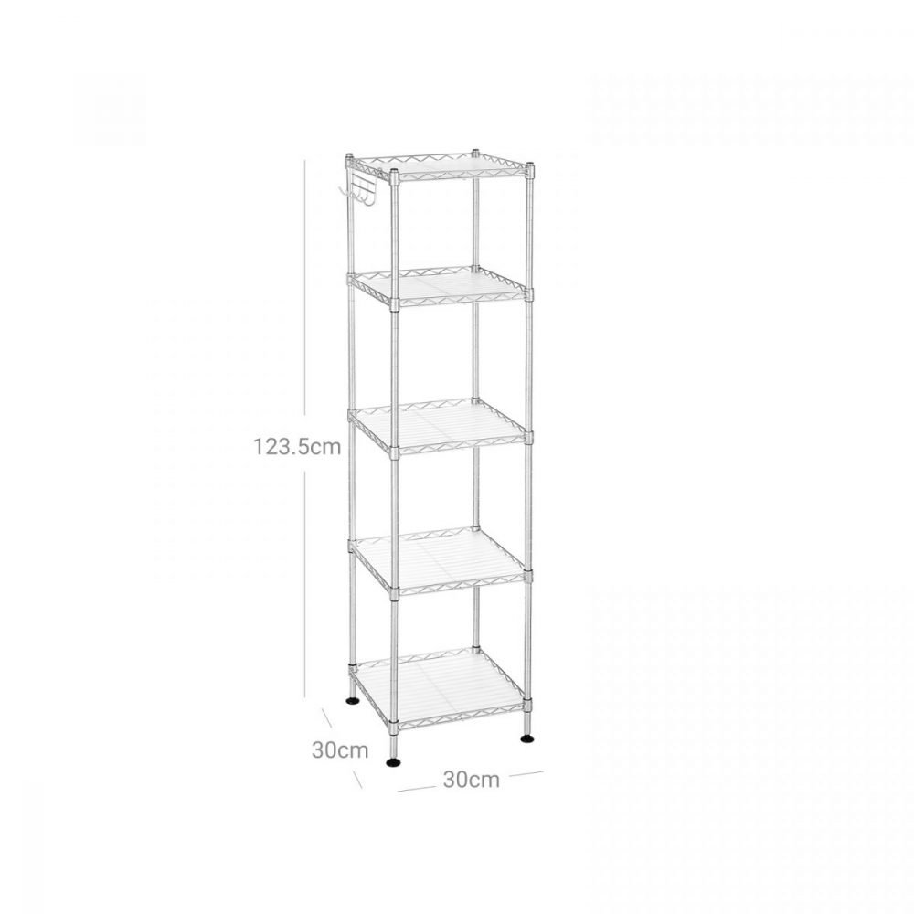 Estantería baño metal expandible, 5 estantes, ganchos, plata - Imagen 3