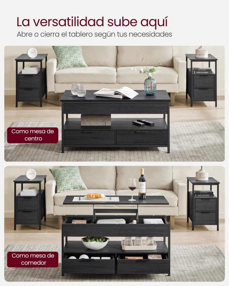 Mesa centro elevable, almacenamiento, cajones, gris ahumado y negro tinta - Imagen 4