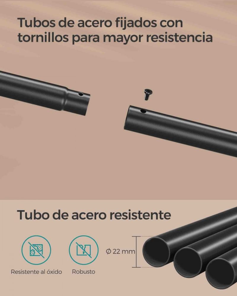 Perchero doble barra ajustable, ruedas, estante robusto, 100 kg, marrón rústico y negro tinta - Imagen 7
