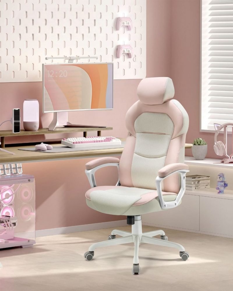Silla gaming ajustable, respaldo reclinable, rosa jalea y beige - Imagen 2