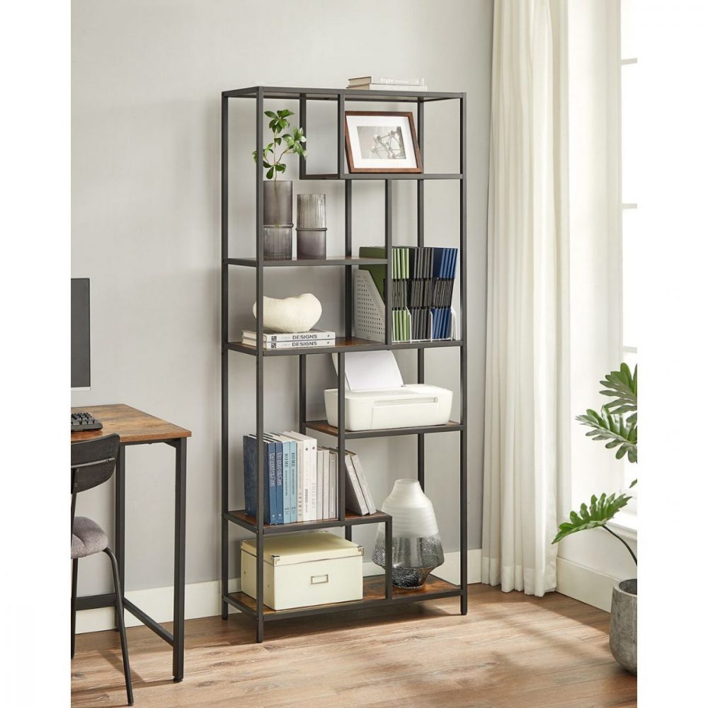 Estantería decorativa de 6 niveles en marrón rústico y negro - Imagen 3