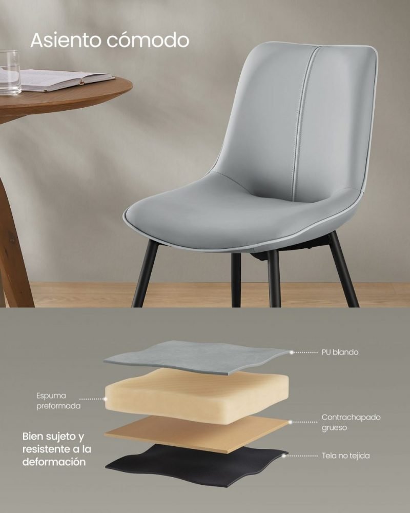 Juego 2 sillas comedor tapizado, respaldo curvo, patas acero, gris paloma - Imagen 5
