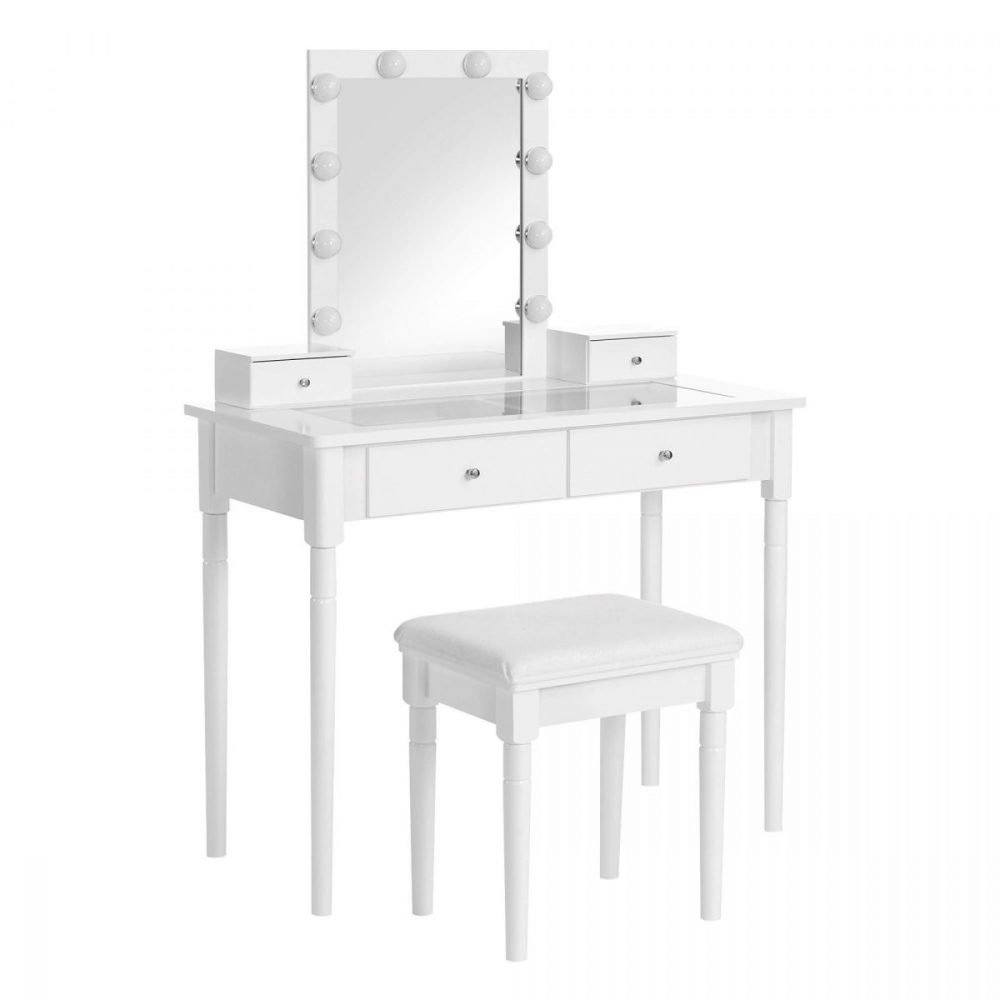 Tocador blanco con luces led y taburete, diseño compacto