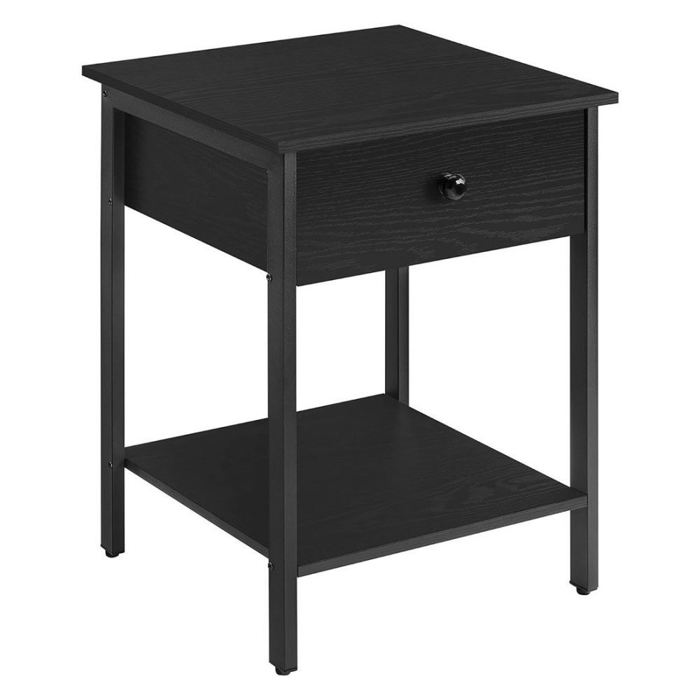 Mesita de noche con cajón y estante, acero, negro ébano