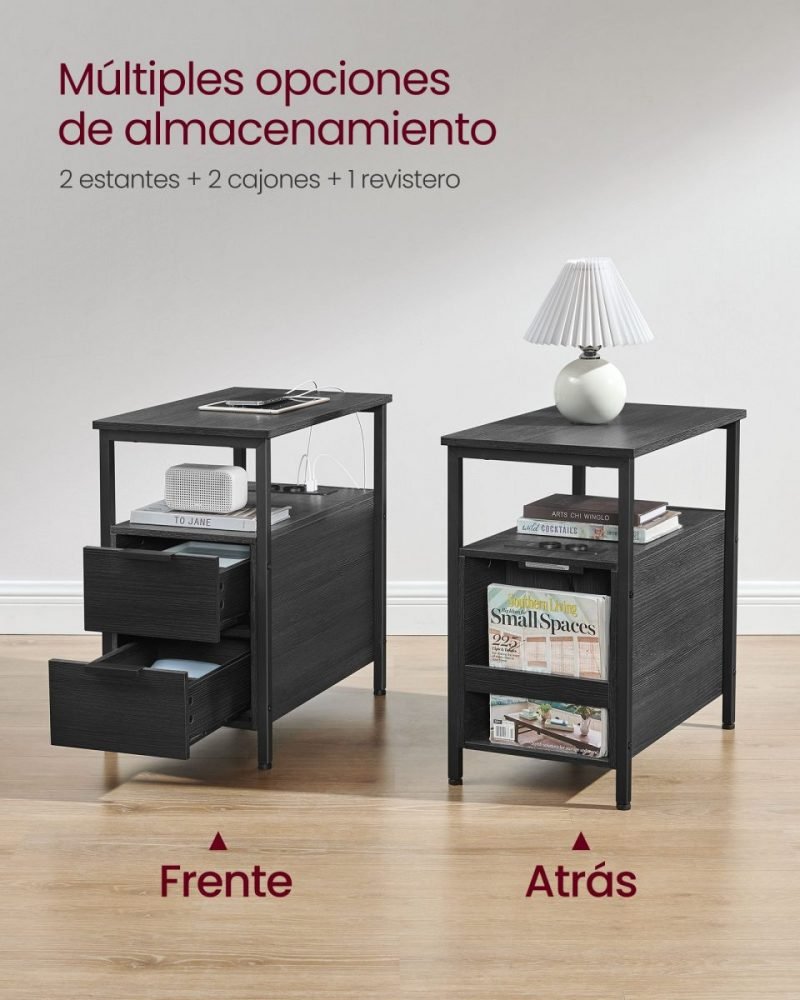Mesa auxiliar multifuncional con multienchufe, 2 cajones, gris ahumado - Imagen 4