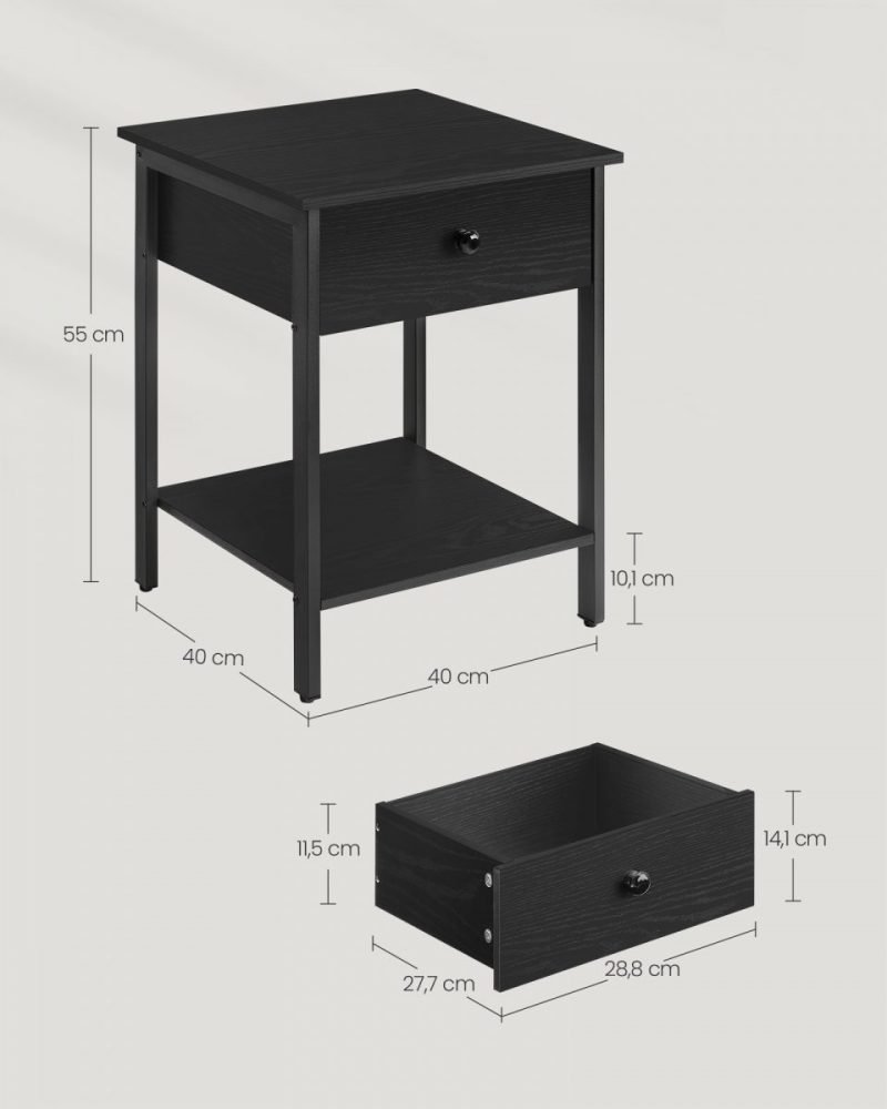 Mesita de noche con cajón y estante, acero, negro ébano - Imagen 5