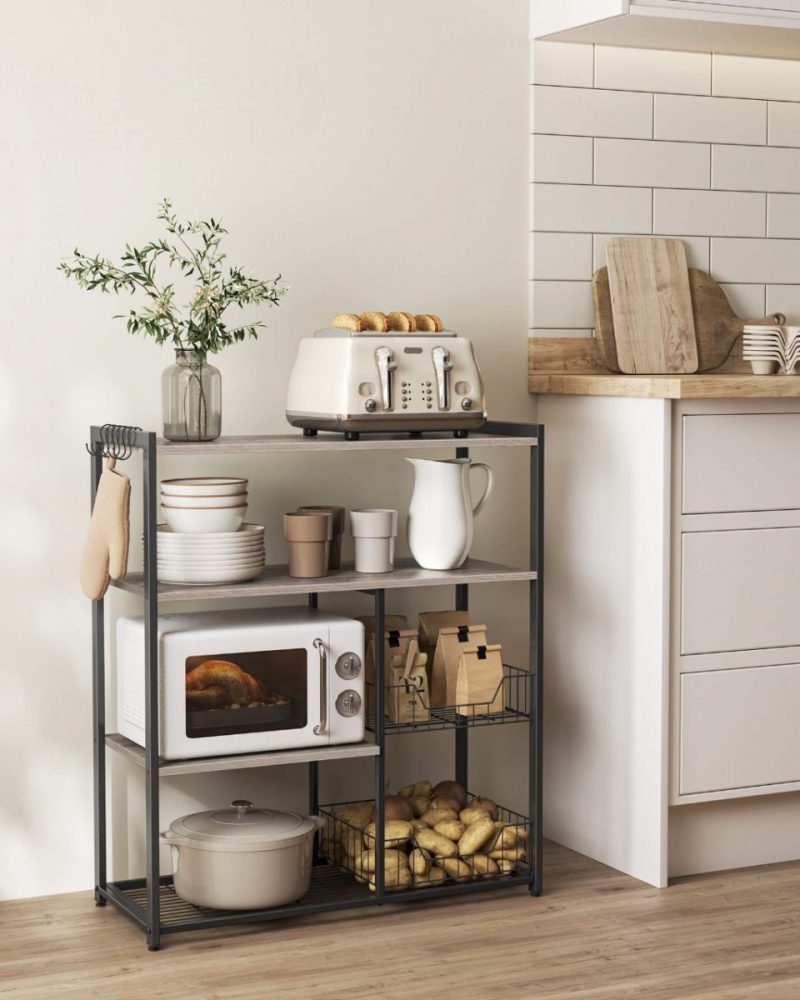 Estantería de cocina, cestas de malla, soporte microondas, greige - Imagen 3