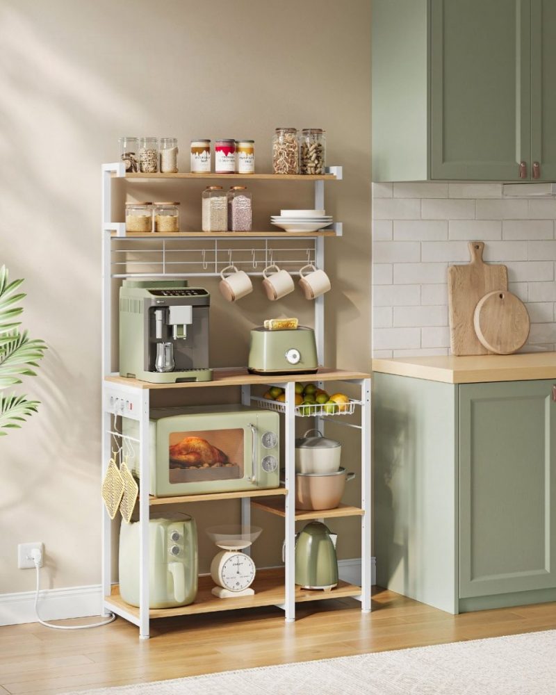 Estantería de cocina con soporte para microondas y barra, roble dorado y blanco nube - Imagen 2