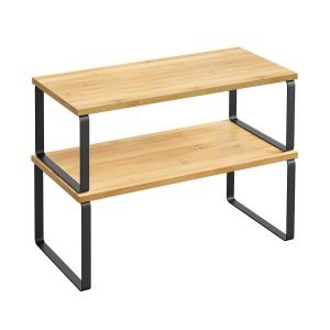 Estantes armarios cocina, metal y bambú, portaespecias apilable, negro + natural