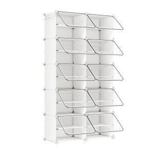 Zapatero modular blanco con 10 compartimentos y puertas, versátil