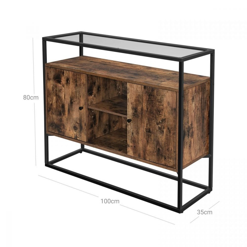 Mesa consola con cristal y compartimentos, marrón rústico - Imagen 2