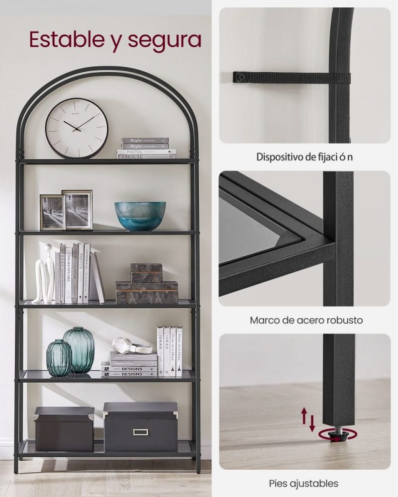 Estantería arqueada de 5 niveles, vidrio templado y acero dorado - Imagen 6