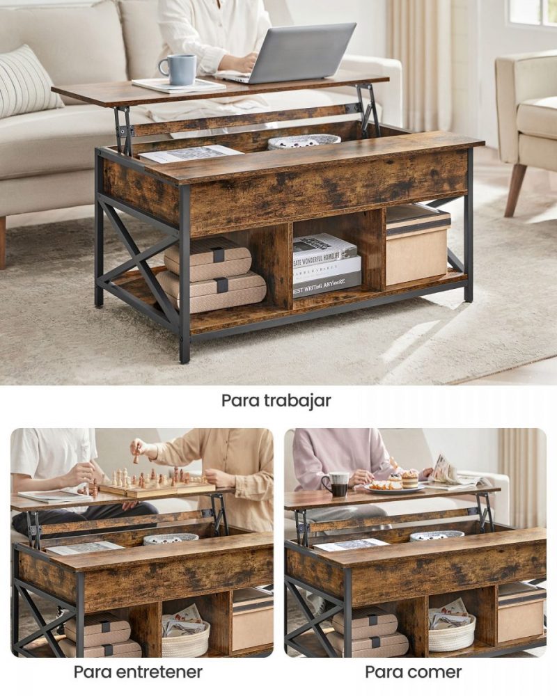 Mesa centro con tablero elevable, almacenamiento, marrón rústico - Imagen 4