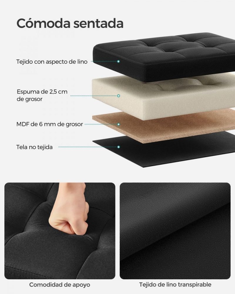Taburete almacenaje con tapa, lino, negro - Imagen 5