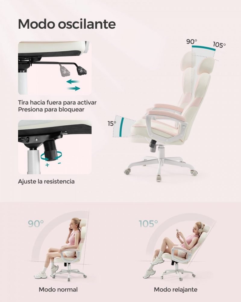 Silla gaming ajustable, respaldo reclinable, rosa jalea y beige - Imagen 6