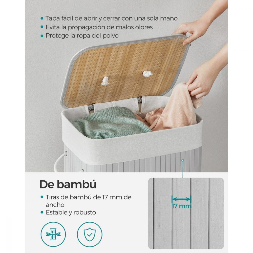 Cesto de ropa sucia de bambú con 3 asas, color gris - Imagen 6