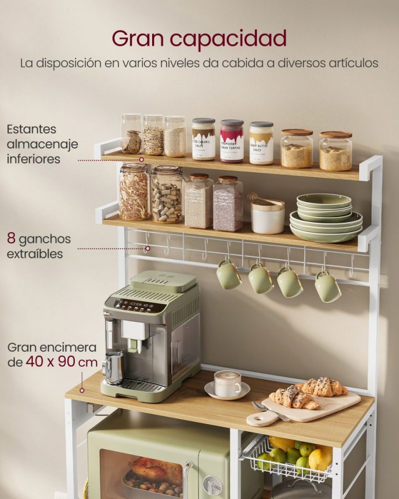 Estantería de cocina con soporte para microondas y barra, roble dorado y blanco nube - Imagen 4
