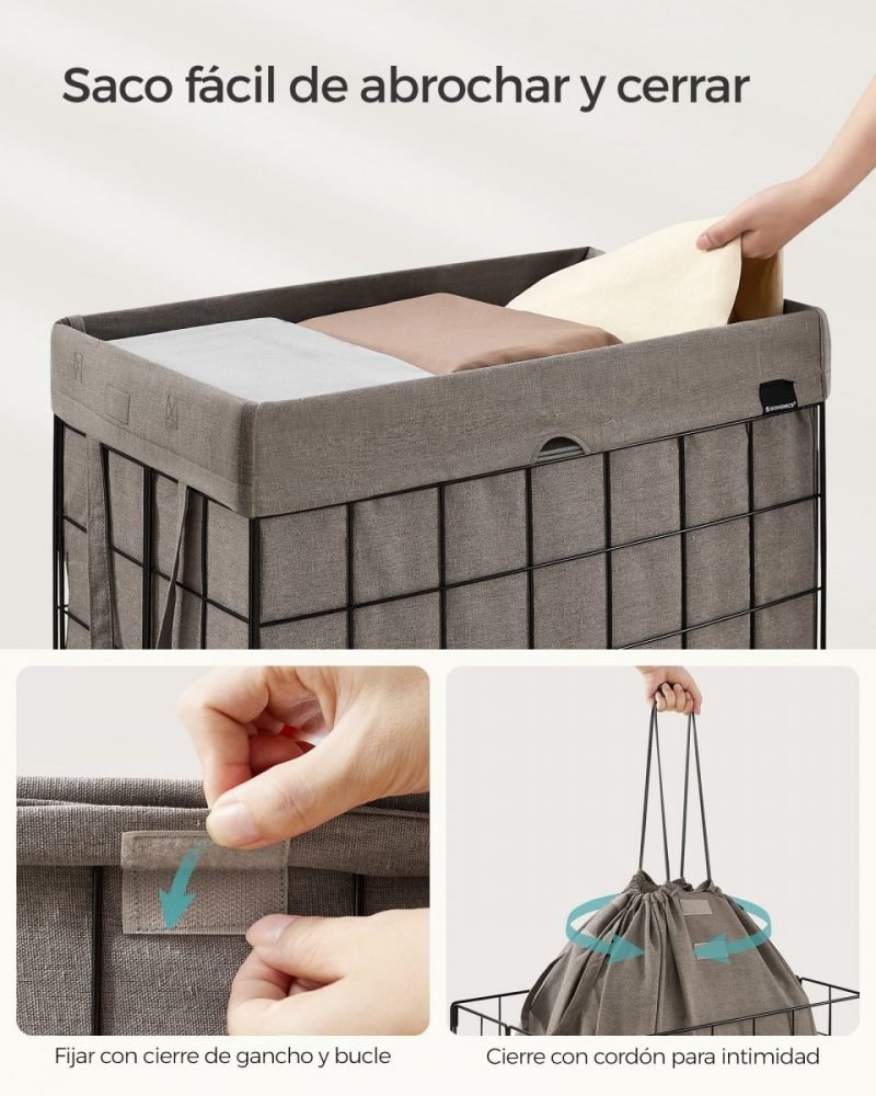 Cesto de ropa sucia plegable 110 litros, bolsa extraíble lavable, marrón - Imagen 5