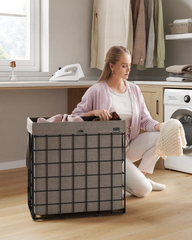 Cesto de ropa sucia plegable 110 litros, bolsa extraíble lavable, marrón - Imagen 3