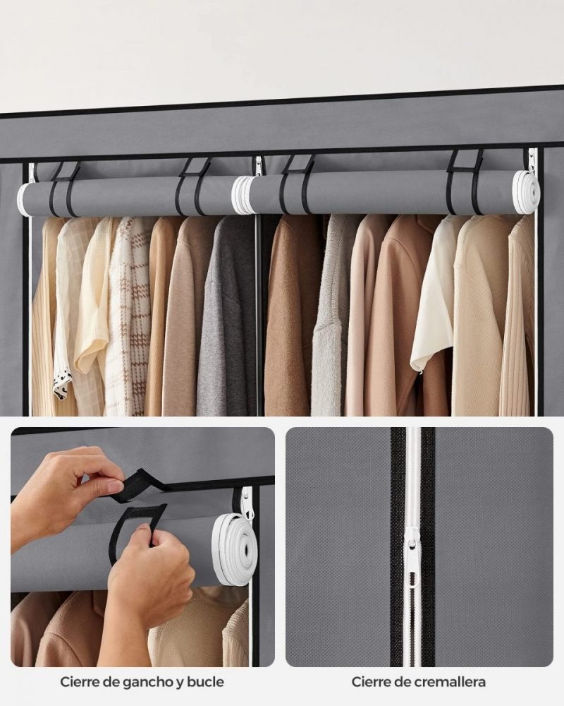 Armario portátil de tela con barras y estantes, gris - Imagen 5
