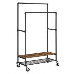 Perchero burro doble con estantes y ruedas, marrón y negro