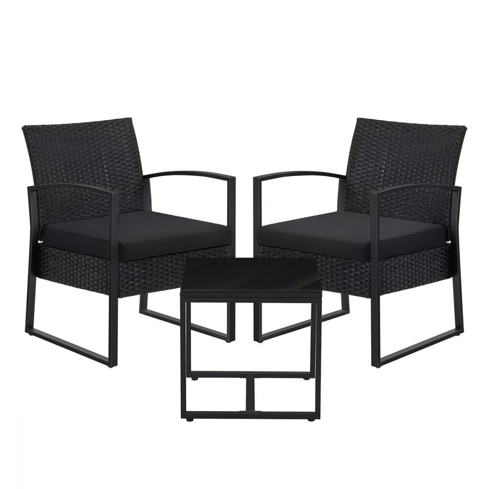 Conjunto muebles ratán jardín 3 piezas, sillas y mesa, negro y gris