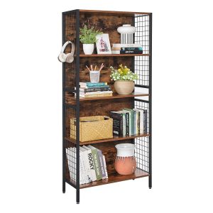 Librería de oficina vintage con 4 estantes y ganchos, marrón