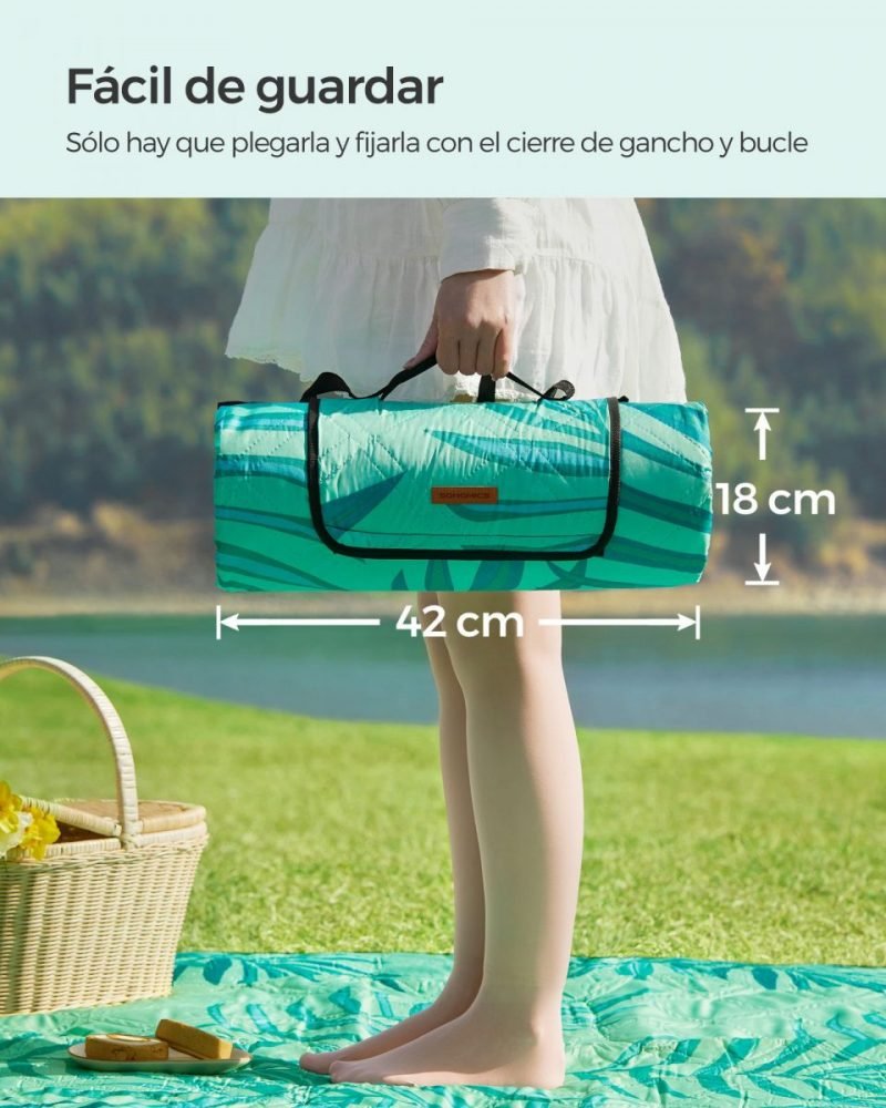 Manta picnic impermeable 200x200 cm, lavable, diseño helechos y verde - Imagen 5