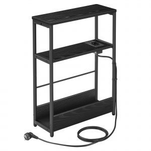 Mesa auxiliar estrecha con enchufe, 3 estantes, revistero, negro ébano