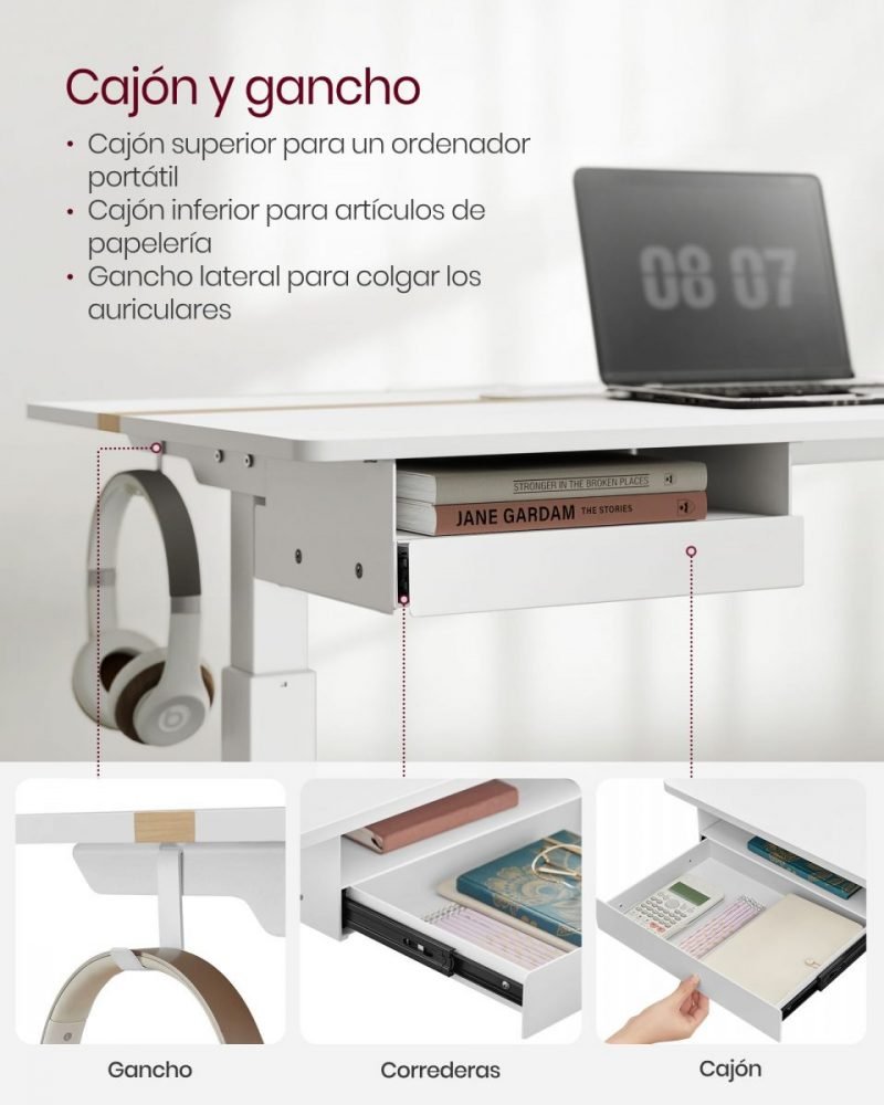 Escritorio eléctrico ajustable, 60x140 cm, blanco - Imagen 5