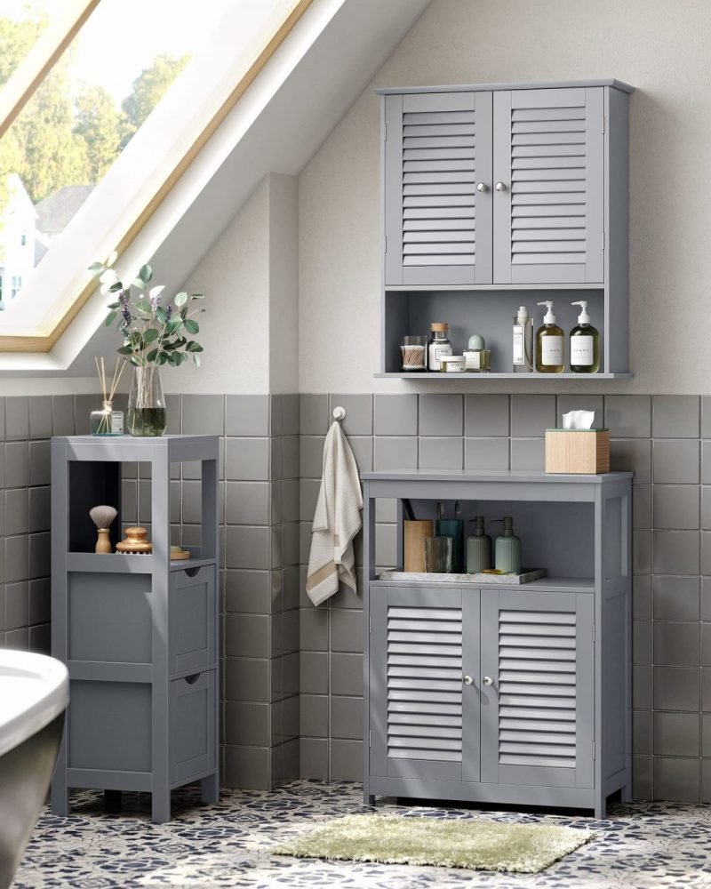 Armario colgante baño, puertas persiana, estante ajustable, gris ahumado - Imagen 3