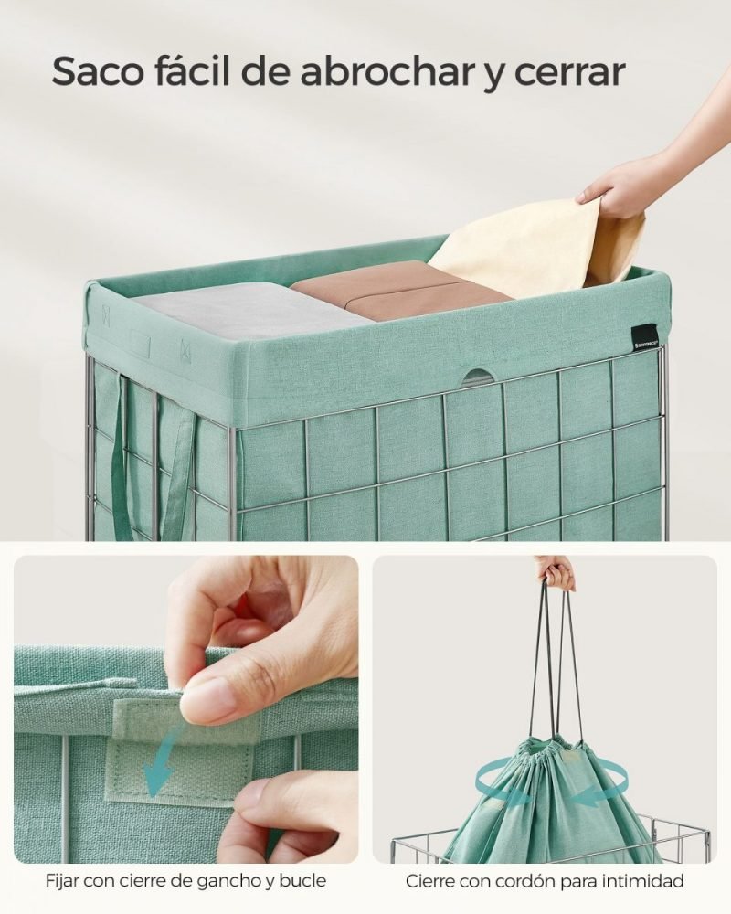 Cesto ropa sucia plegable 90l, bolsa extraíble, lavable, plata y verde menta - Imagen 4