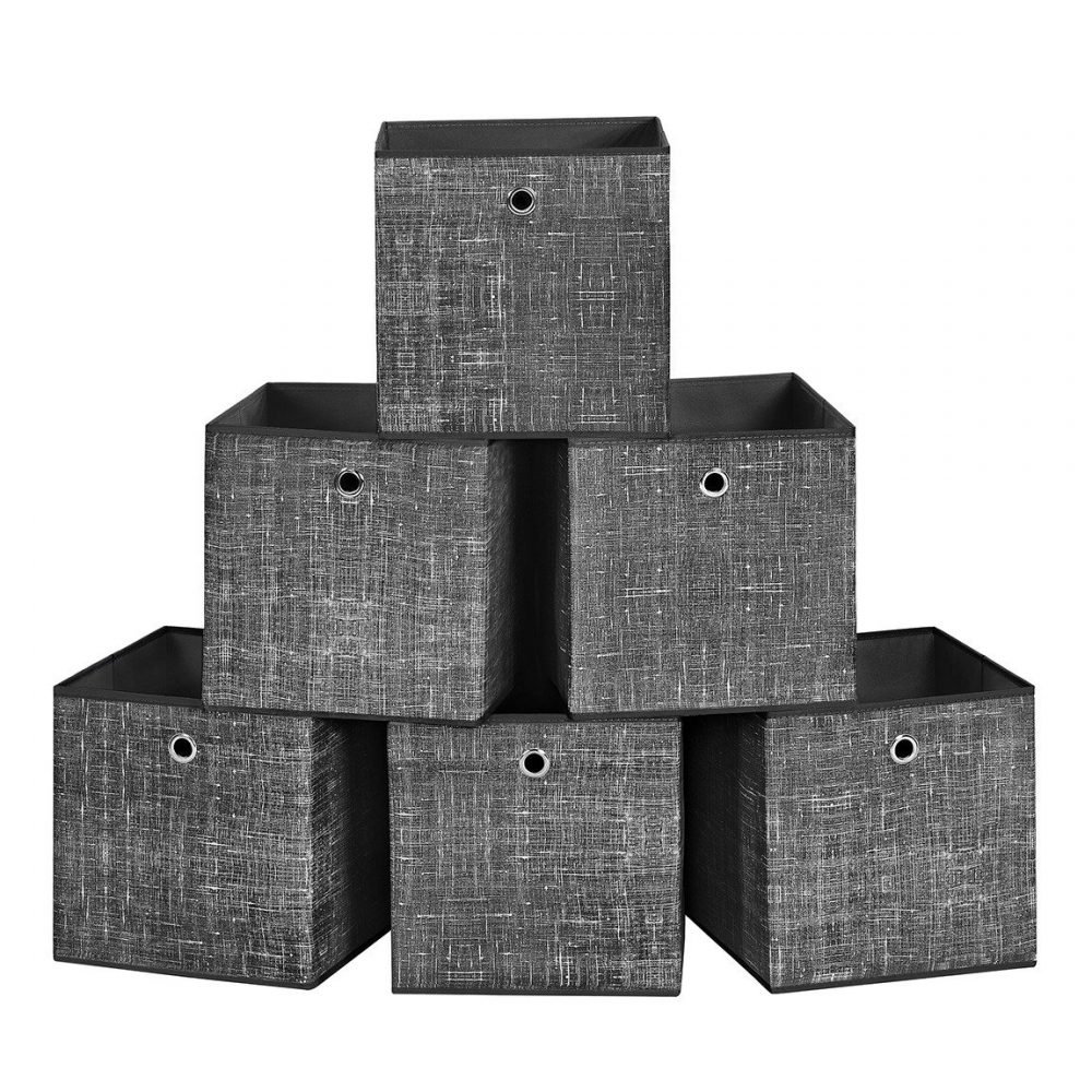 Set de 6 cajas de almacenaje plegables de tela, cubos 30x30x30 cm, negro jaspeado