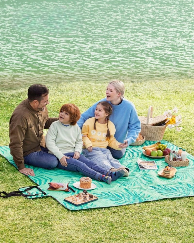 Manta picnic impermeable 200x200 cm, lavable, diseño helechos y verde - Imagen 2