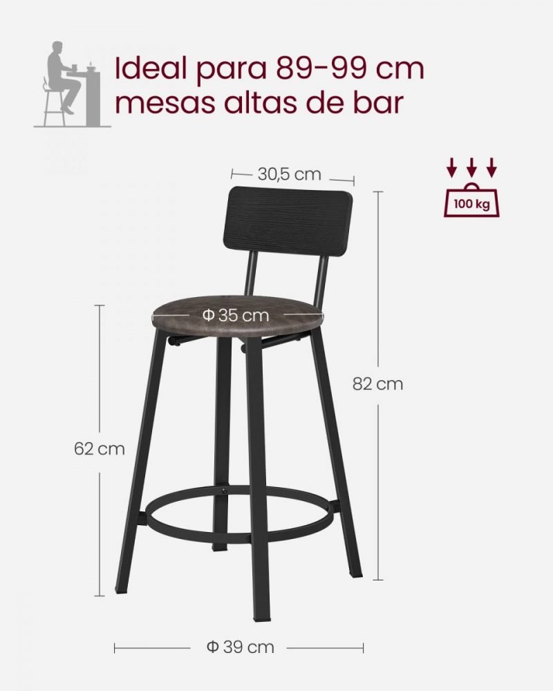 Taburetes de bar con respaldo, set de 2, 39x39x82 cm, marrón café - Imagen 7
