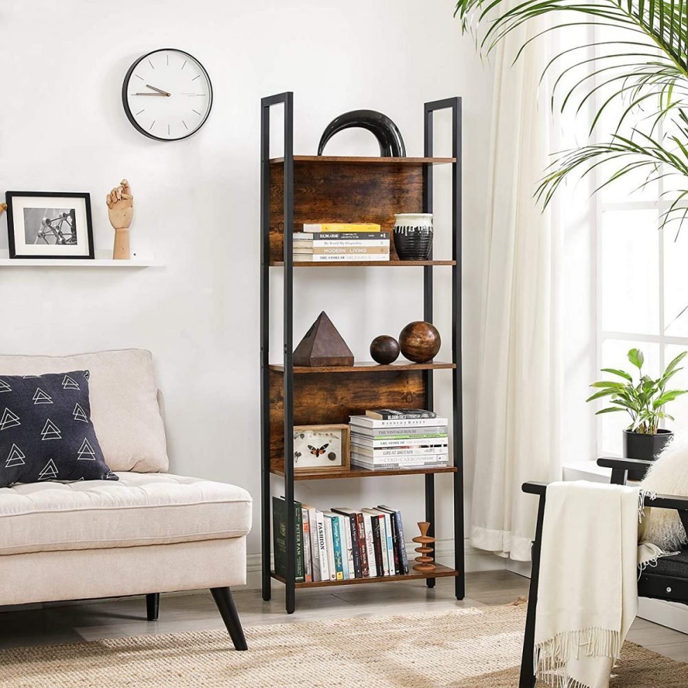 Librería estilo industrial de 5 niveles, marrón rústico y negro - Imagen 4