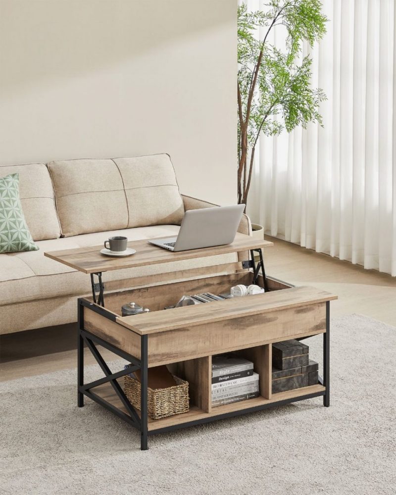 Mesa centro con tablero elevable, almacenamiento, marrón roble - Imagen 2