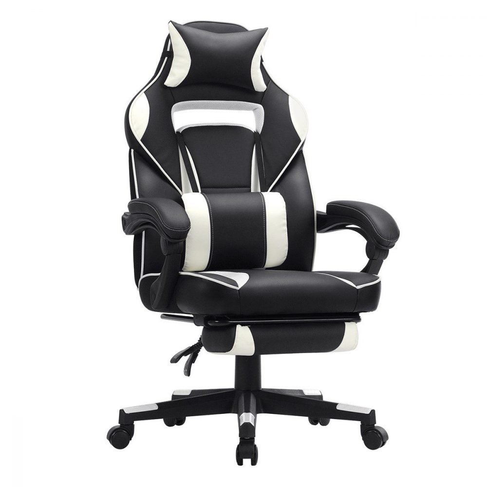 Silla oficina gaming ergonómica, reposapiés telescópico, 150 kg, blanco