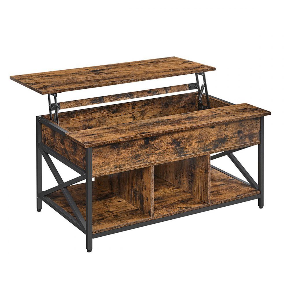 Mesa centro con tablero elevable, almacenamiento, marrón rústico