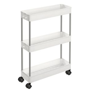 Carro estrecho de 3 estantes con ruedas, versátil, blanco